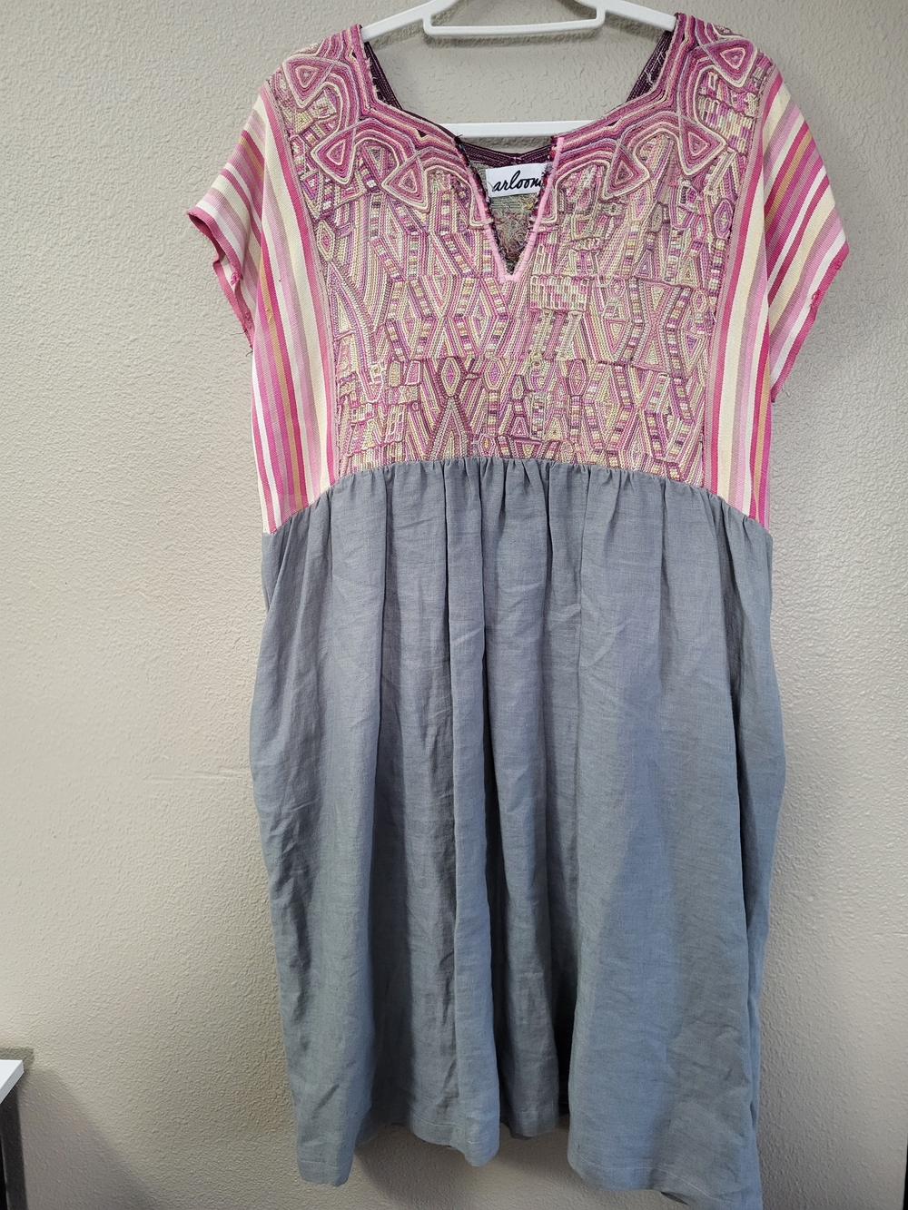 Arloom Handmade Huipil Dress Size M  Embroidered Boho Unique Pink Blue